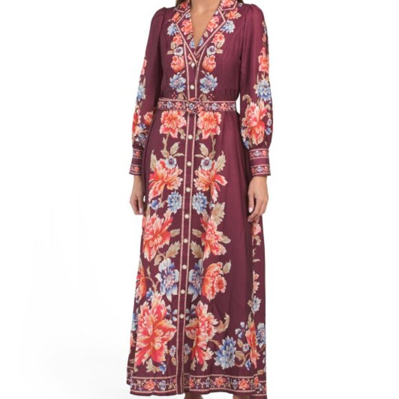 NWT$250 Dalia MacPhee Long Sleeve Maxi Belted Burgundy Floral Shirt Dress LARGE - Picture 3 of 12